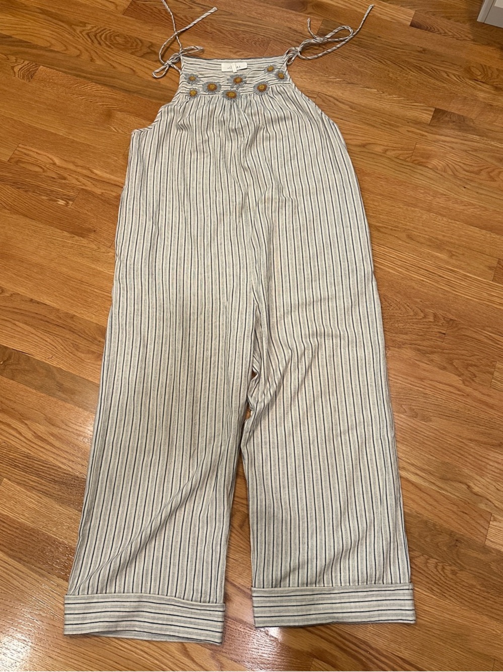 THE GREAT. Embroided Striped Cream & Navy Tie-Shoulder Jumpsuit Overalls Romper